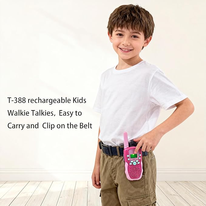 Kids Walkie Talkies T-388 Mini 2 Way Radio USB Rechargeable 22 Channels Long Range Toys for Boys Girls 3-12 Years Old Birthday Gift, Outdoor Adventures, Camping, Hiking (2 Pack, Pink)