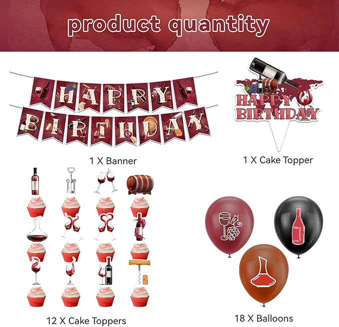 Red Wine Party Decorations Birthday Decorations Includes Red Wine Happy Birthday Banner Cake Topper Cupcake Toppers Balloons for Wine Party Supplies Men Women Birthday Party