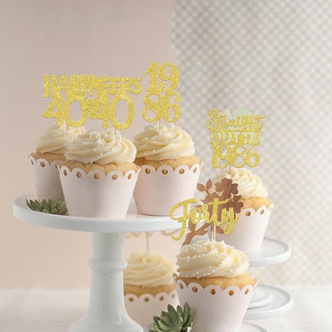 30PCS Straight Outta 1986 Cupcake Toppers Gold Glitter Forty Happy 40th Birthday Cupcake Picks Cheers to 40 Years Cake Decorations for 40th Birthday Anniversary Party Decoration Supplies