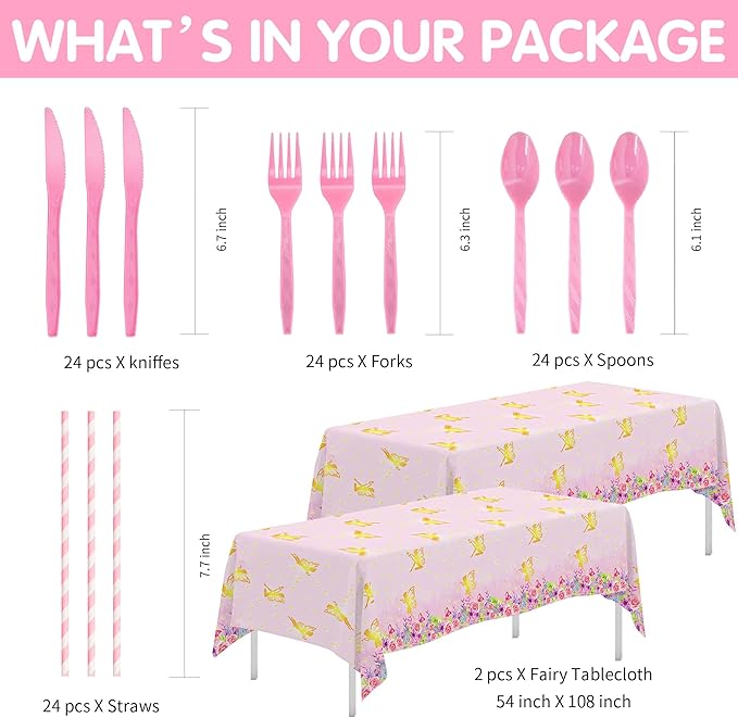 APOWBLS Fairy Birthday Party Supplies - Floral Gold Fairy Party Decorations for Birthday Baby Shower Spring Tea, Paper Plate, Cup, Napkin, Tablecloth, Cutlery | Serves 24