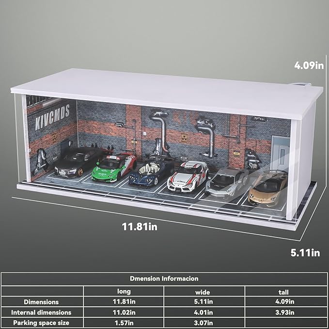 1:64 Car Model Display Case with Lights for Hot Wheels,Matchbox Cars,Diecast Alloy Small Truck Collectibles Storage Box-Dilapidated Factory Scenes Parking Garage