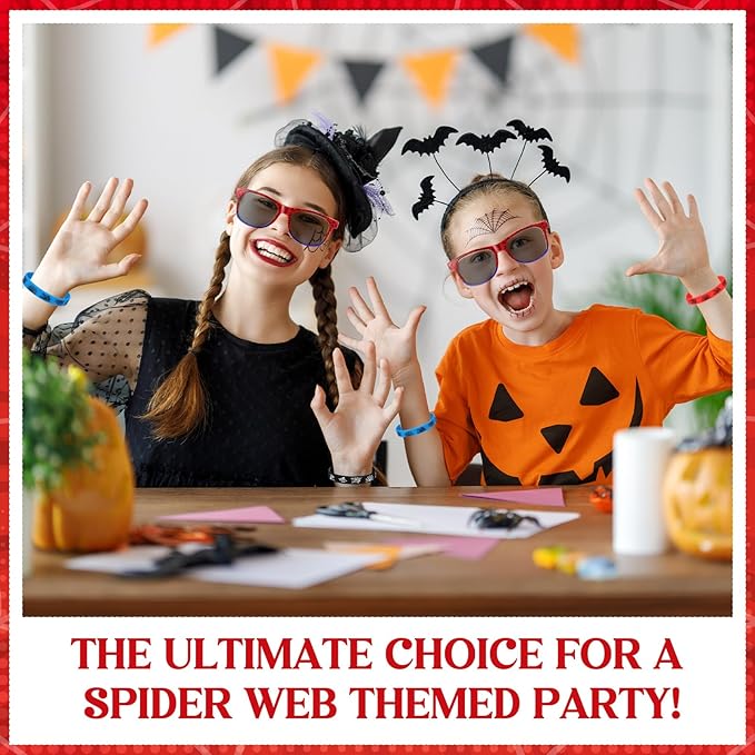 Kingdder 24 Pcs Spider Web Sunglasses and Silicone Wristbands Bracelets Spider Birthday Theme Party Favors Black Red Blue Party Decorations Supplies Gifts(Classic)