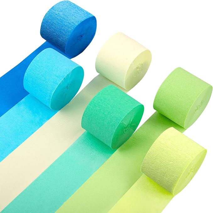 Crepe Paper Streamers Party Decorations, 6 Rolls of Blue, Pastel Blue, Green and Lime Party Streamers for Birthday Wedding Baby Shower Party Decorations Supplies