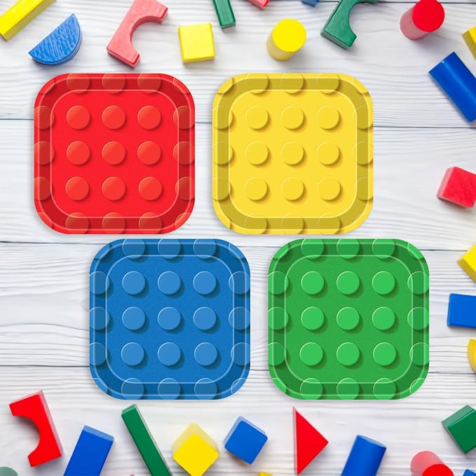 48pcs Building Block Party Supplies Building Bricks 7inch Birthday Paper Plates Birthday Party Supplies Colorful Paper Dessert Plates for Kids