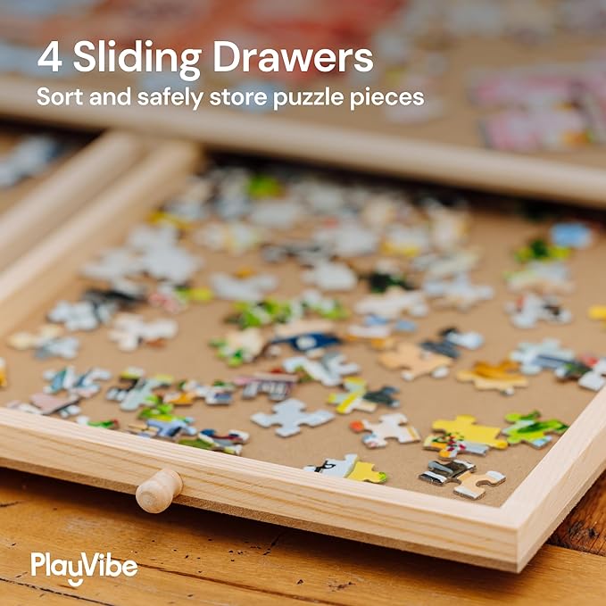 PlayVibe 1000 Piece Puzzle Board with Drawers and Cover - Portable Wooden Jigsaw Puzzle Tray with Drawers, Solve Station & Sturdy Table, Portable Outdoor Fun, Patio, Easter Gift Idea