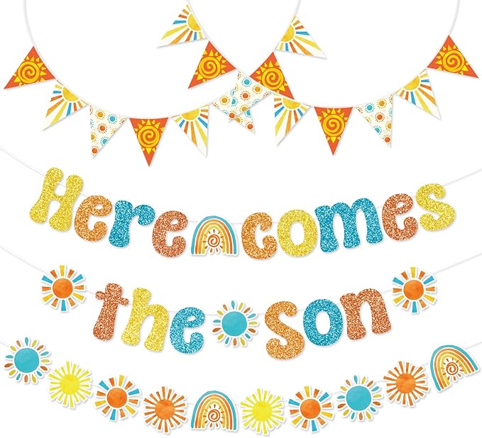 Pasimy Here Comes The Son Baby Shower Decor, Boho Retro Groovy Pennant Banner Sunshine Cutouts Banner for Boy First Trip Around The Sun 1st Birthday Party Supplies