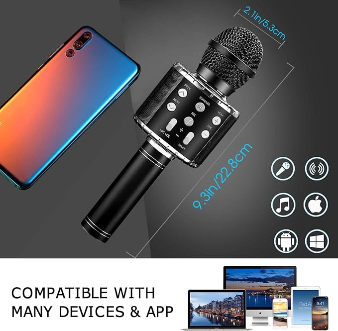 ShinePick Karaoke Microphone, 4 in 1 Wireless Microphone with LED Lights Handheld Portable Karaoke Machine, Home KTV Player, Compatible with Android & iOS Devices(Black)