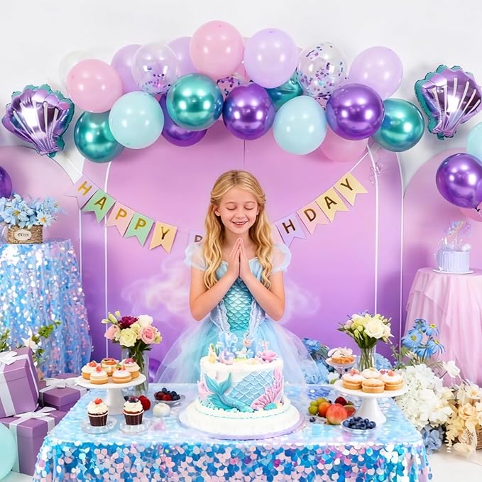 Mermaid 3rd Birthday Decorations for Girls,3rd Party Decorations Metallic Purple Green Pink Blue Latex Balloons Number 3 Seashell Foil Balloons Banner Cake Topper Sea Party Decor