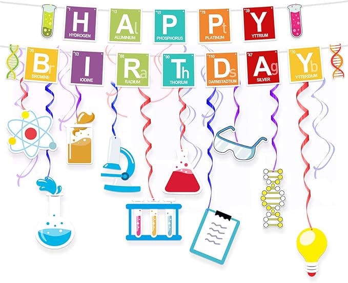 Science Happy Birthday Banner Backdrop Periodic Table Chemistry Theme Decorations Decor for School Science Laboratory Lab Science Classroom Boy Girl Kid Birthday Party Baby Shower Supplies Background