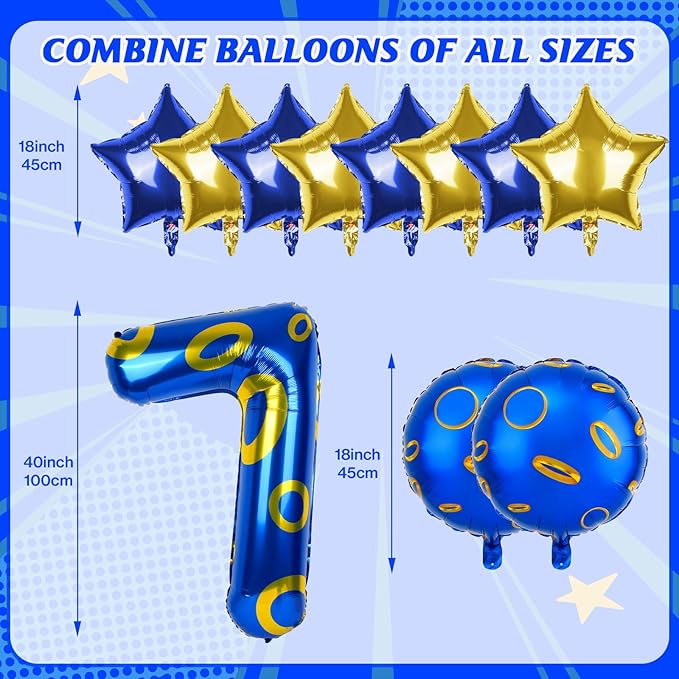 40 Inch Blue and Golden Ring Themed Number Balloon, Number Block Foil Number 7 Balloons Large Big Numbers Helium Balloon for Girls Boys 7th Birthday Theme Party Decorations (Number 7)