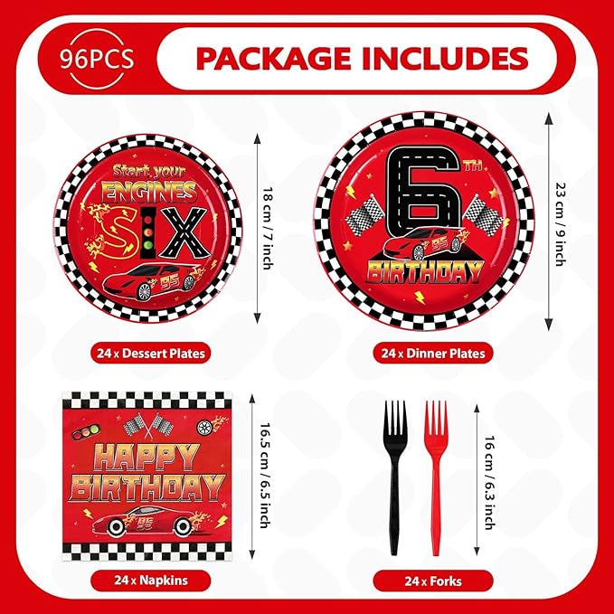 Grencian 96Pcs Race Car 6th Birthday Party Decorations Hot Car Checkered Plates and Napkins Racing Themed Disposable Tableware Set for 6 years old Boys Transportation Birthday Party Serve 24