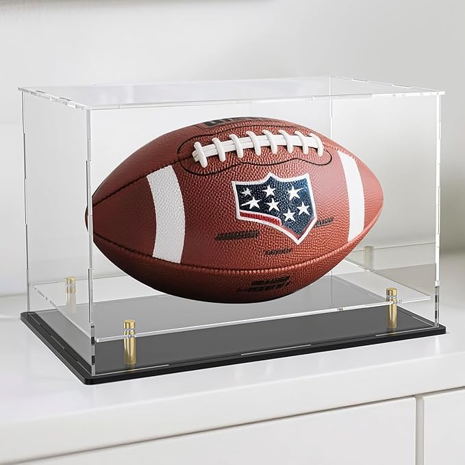 Acrylic Display Case with Lift-up Showing Platform ANG Golden Feet, Dust-Proof Clear Box for Soccer, Rugdyball, Football, Figurines, and Memorabilia (12" Lx8 Wx9.6 H)