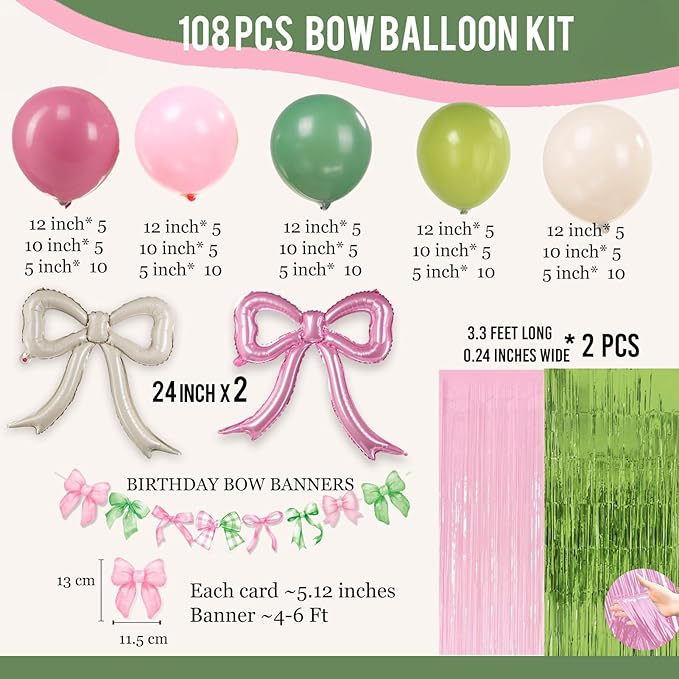 Spring Pink and Green Party Decorations with Bow foil Balloons & Tinsel Foil Fringe Curtains cute Bow Banner for girl baby in bloom baby shower woodland Safari wild one theme party decorations
