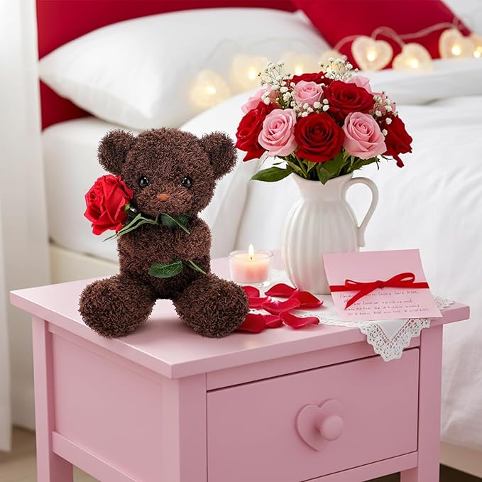 Civaner Bear Stuffed Animal Gift with Rose Funny Cute Bear Stuffed Animal Plush Gift for Mother Day Mom Birthday Wedding Christmas, 11.8 Inches(Brown)
