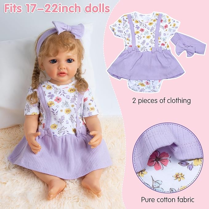 10 Pcs Reborn Baby Doll Clothes Accessories Set Fit 17-22 Inch Realistic Baby Dolls, Reborn Doll Clothes with Purple Unicorn Backpack Magnetic Pacifier & Headband Girl