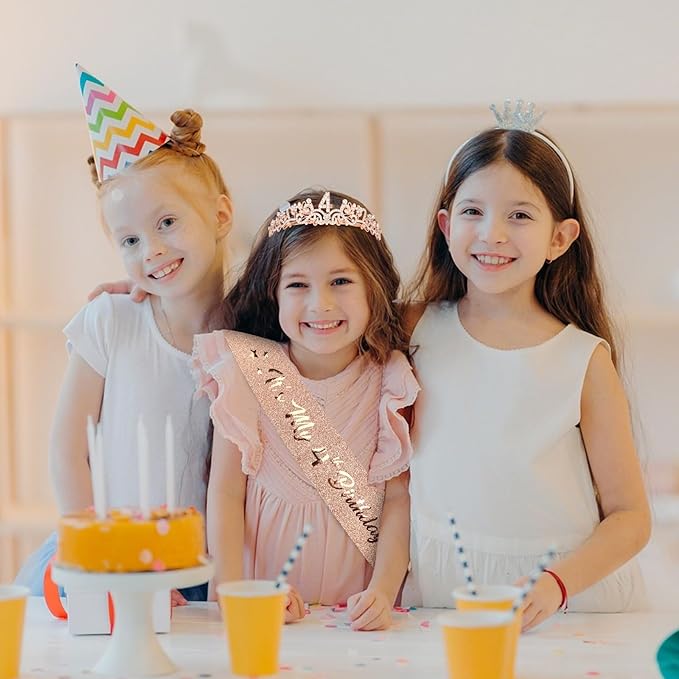 Semato 4th Birthday Decorations for Girl Sash and Crown Kit Rose Gold 4 Year Old Girl Birthday Gifts for Her Party Supplies