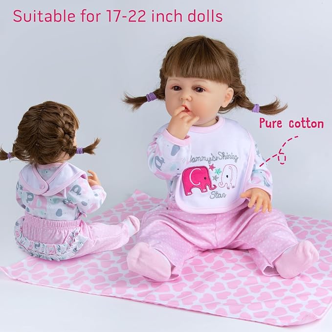 PEDOLLTREE 12 Pcs Reborn Baby Dolls Clothes Girl Pink Elephant Outfit Accessories for 17-22 Inch Reborn Doll Newborn Girl with Pink Heart Bassinet
