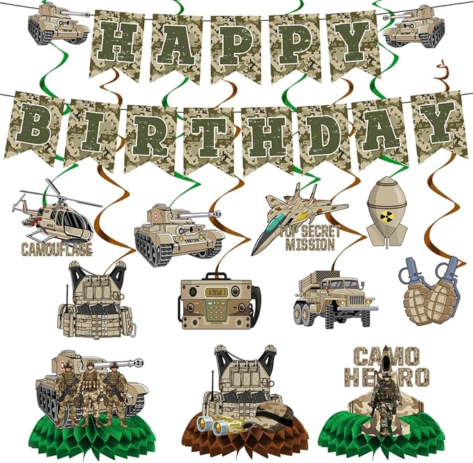 Army Birthday Party Decorations Include Camo Happy Birthday Banners Hanging Swirls Honeycomb Centerpieces Military Birthday Theme Party Supplies