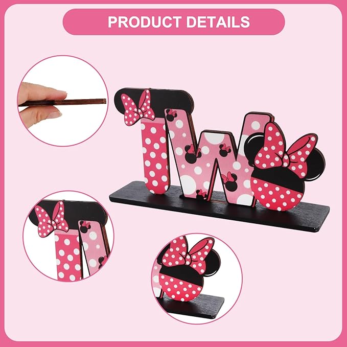 TONIFUL Pink Mouse 2nd Birthday Party Supplies 2nd Table Centerpieces Pink Mouse Theme Design Sturdy Wooden for Girl TWO Years Old Birthday Favors 2nd Birthday Party Decorations(4 Pcs)