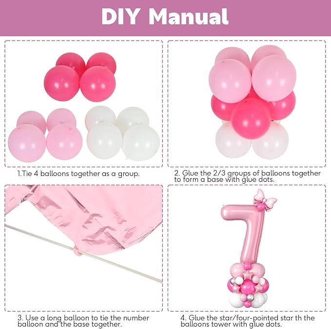 40 Inch Pink Number 7 Balloon for 7th Birthday Decoration Pastel Baby Pink Number Seven Foil Balloon Tower Giant Large Digit Hot Pink White Helium Balloons Stack Stand for Girl Anniversary Party