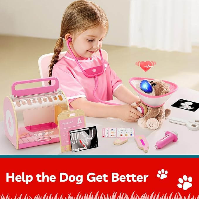 TOP BRIGHT Doctor Kit for Toddlers 3-5, Pretend Play Doctor Set with Pink Veterinarian Costume, DR Kit Dress Up Toys for Kids, Role Play Dog Vet Playset, Christmas Birthday Gifts for Girls Boys 3 4 5