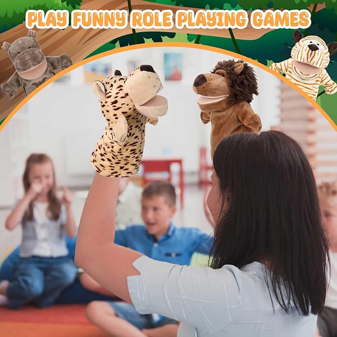 4 Pcs Hand Puppet Animal with Working Mouth 9.8 Inch Animal Puppet Soft Plush Toy for Storytelling Theater Preschool Birthday Gifts(Leopard, Hippo, Lion, Tiger)