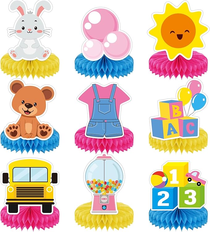 9Pcs Girls Party Decorations Cartoon Teacher Honeycomb Centerpieces Cartoon Girl Table Centerpieces Decorations English Teacher School Bus Table Topper for Kids Birthday Baby Shower Party Supplies