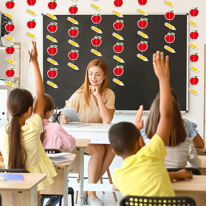 MARFOREVER 41Ft 5 Pcs Pencil Apples Garland Back to School Decorations, Pre-Strung Pencil Apple Banner Hanging Streamers for First Day of School Classroom Decorations Teacher Office Photo Props