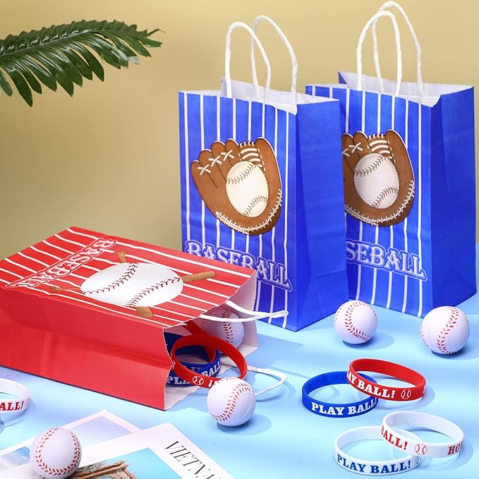 MTLEE Baseball Party Favors Set Includes Themed Paper Goodies Bags Gift, Silicone Bracelets, Mini Foam Baseball for Team Birthday Party Supplies