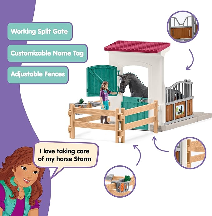 Schleich Horse Club - 25 PC Lisa and Storm Horse Toy Stall Playset with Accessories - Customizable Stable Name Tag - Realistic, Posable Rider and Pony Toys for Girls and Boys - Kids Ages 5+ - 42709