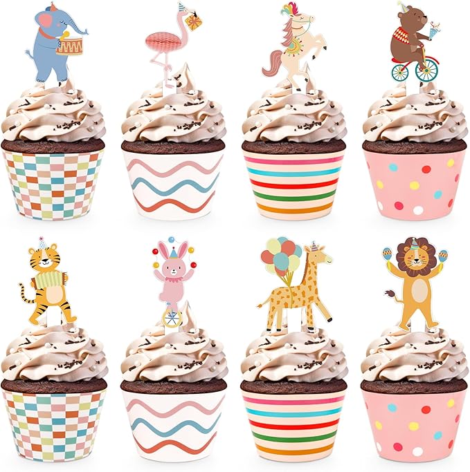 48 Pack Circus Animal Cupcake Toppers and Wrappers, Carnival Party Cake Decoration for Animal Theme Birthday Party Baby Shower Supplies