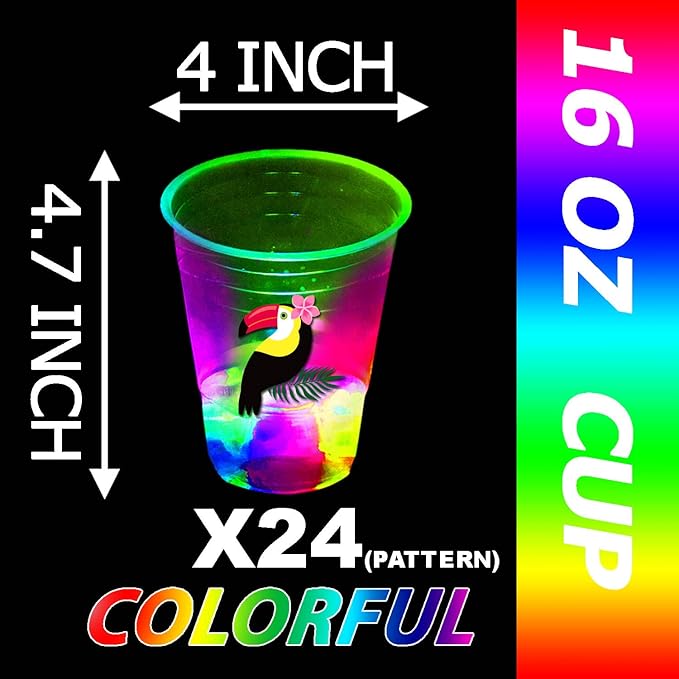 mishunyus 24 Pcs Glow Hawaiian Luau Party Cups, Flashing Tiki Party Cups, Tropical Luau Party Decorations Hawaiian Party Supplies Favor (16oz)