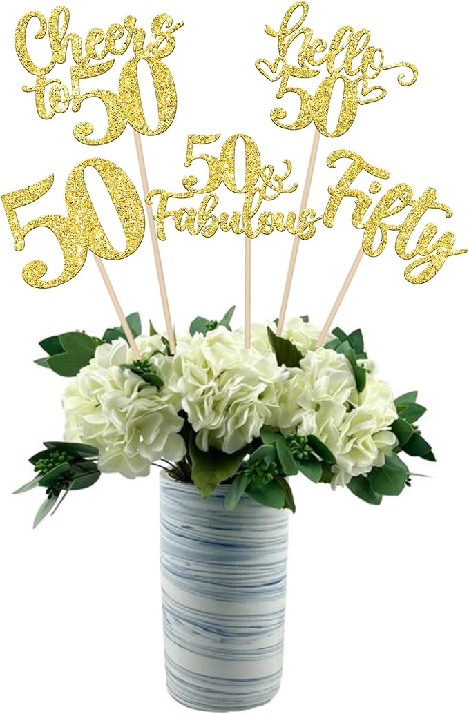 15PCS Happy 50th Birthday Centerpiece Sticks Hello 50 Fabulous Table Flower Centerpieces Sticks Fifty Cheers to 50 Years Floral Decoration for Happy 50th Birthday Party Centerpieces Sticks Gold