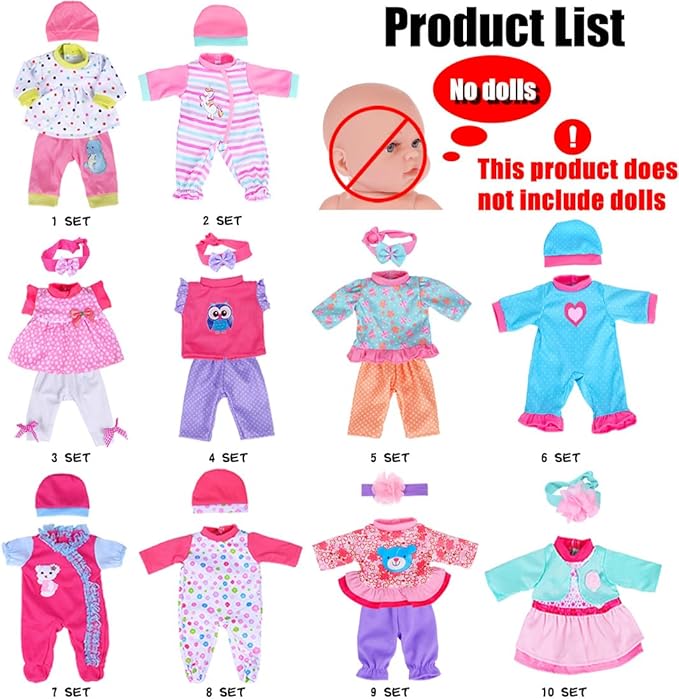 iBayda 10 Sets Doll Clothes & Accessories - Playtime Outfits with Hats and Headbands for 10/12/14 Inch New Born Baby Dolls (No Doll Included)