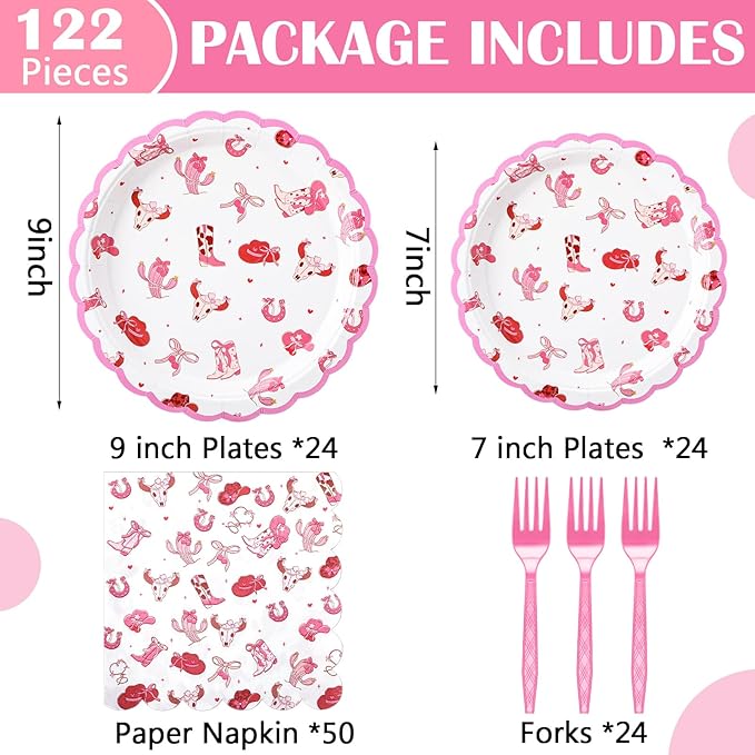 122 Pcs Pink Cowgirl Birthday Party Supplies Western Cowgirl Plates Napkins and Fork Disposable Bowknot Rodeo Tableware Set for Girls Baby Shower Wedding Bachelorette Decoration, Serve 24