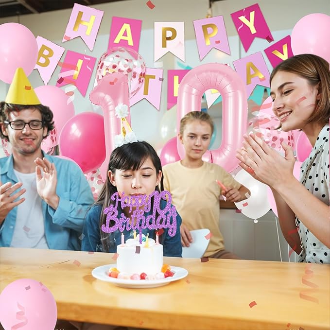 10th Birthday Decorations Pink, Happy 10th Birthday Party Decorations With Number 10 Balloons Pink Confetti Hot Pink Balloons Fringe Curtain Banner Cake Topper For Girl 10th Party Supplies