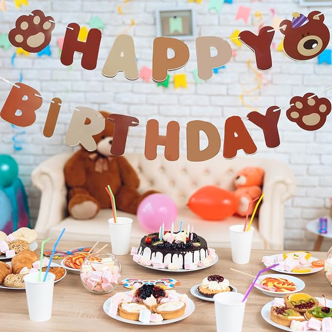 Bear Happy Birthday Banner, Cute Cartoon Bear with Paw Prints Garland, Kids Animal Themed Birthday Decorations, Fun Wall Hanging Letter Bunting Party Supplies for Boys and Girls
