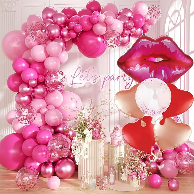 Huge 30inch Red Lip Foil Balloons Set 6 Pieces, Red Hearts and Lips For Make Up Themed Party Bachelorette & Anniversary Decorations