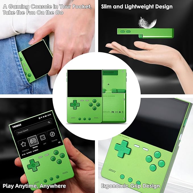 Trimui Brick Hammer Handheld Game Console with 3.2 inch IPS Screen and 3000mAh Battery, Retro Video Games Console with Pre-Installed 64GB TF Card and WiFi Function (Wild Green)