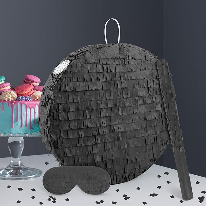 Black Round Pinata with Stick Blindfold and Confetti DIY Blank Pinata for Adults Kids Birthday Party Supplies Christmas Carnivals Decorations