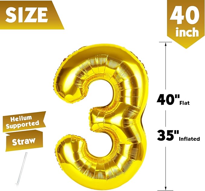 40 Inch Gold Number 3 Balloon, Giant 3 Number Balloons for 3rd Birthday Decorations, Party Supplies for Baby Boy Girl, Gold Party Decor