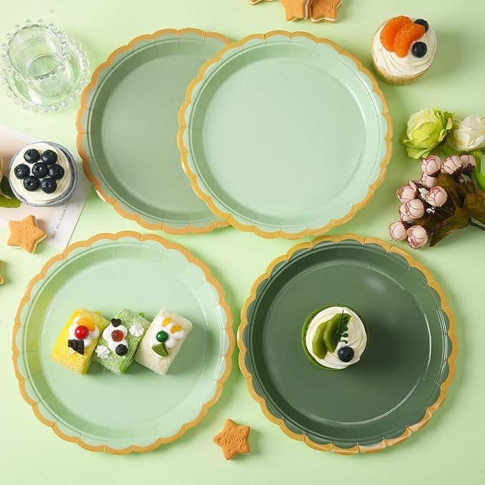 96 Pcs Sage Green Scalloped Party Paper Plates Disposable, 9" Cute Sage Green Dinner Baby Bridal Shower Dessert Birthday Paper Plate for Baby Shower Wedding Party Supplies
