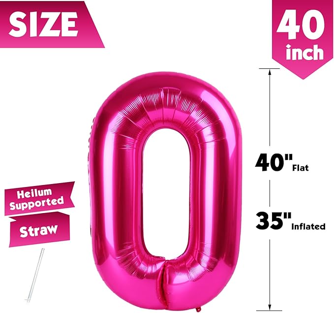 40 Inch Hot Pink Number 0 Balloon, Giant Number 0 Balloons for 10th 20th 30th 40th Birthday Decorations, Party Supplies for Baby Boy Girl, Hot Pink Party Decor