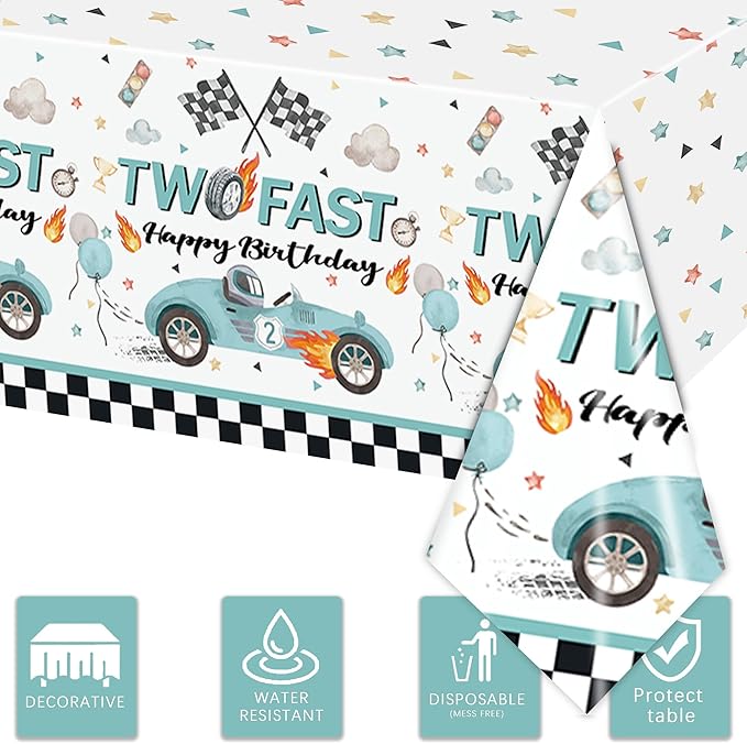 3PCS Two Fast Tablecloths for Kids Boys 2nd Birthday Party Decorations Two Fast Two Curious Racing Car Bday Table Cover Party Table Cloth -54x108in