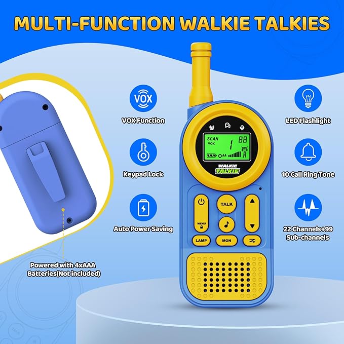 Walkie Talkies for Kids 2 Pack: 22 Channels 2 Way Radio Toys for 3-12 Year Old - VOX LED 3 Miles Long Range - Camping Hiking Birthday Boys Girls Blue