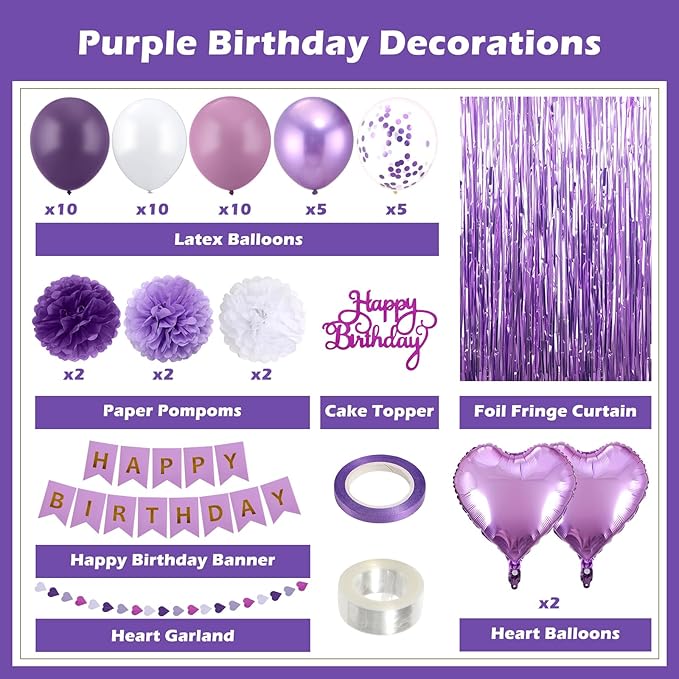 Purple Birthday Decorations for Women, Happy Birthday Party Decorations, Happy Birthday Banner, Purple Balloons, Foil Fringe Curtains, Tissue Paper Pompoms, Heart Garland, Party Decor for Girls