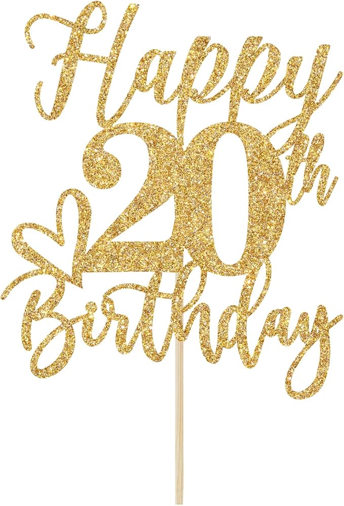 Gold Glitter Happy Birthday Cake Topper, Funny Party Supplies (20th Birthday)