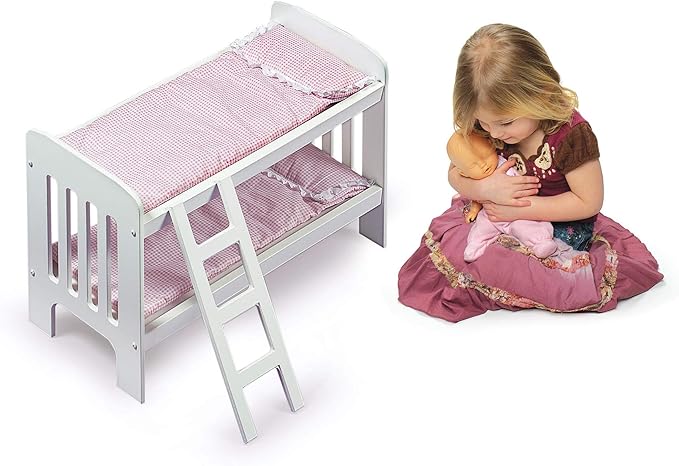 Badger Basket Doll Bunk Bed with Bedding & Ladder - Two Level Wooden Bed for Dolls, Includes Bedding & Accessories- White/Pink Gingham