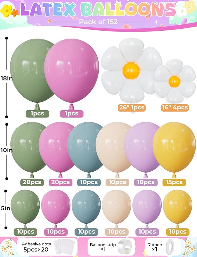 Daisy Balloon Arch Garland Kit, 152 Pcs Pastel WildFlower Balloons Arch Kit in Pink, Green, Purple, Blue, Yellow and Beige for Baby Shower, Spring Daisy Theme Birthday Decorations