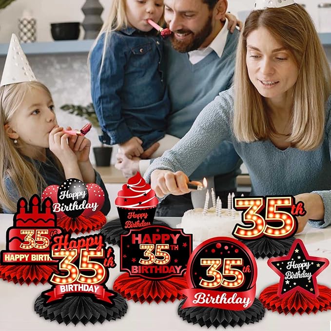 Happy 35th Birthday Red and Black Table Honeycomb Centerpieces Balloons Theme Decor Table Decorations Table Toppers for Girls Women Princess 35 Years Old Birthday Party Bday Supplies Background Gold